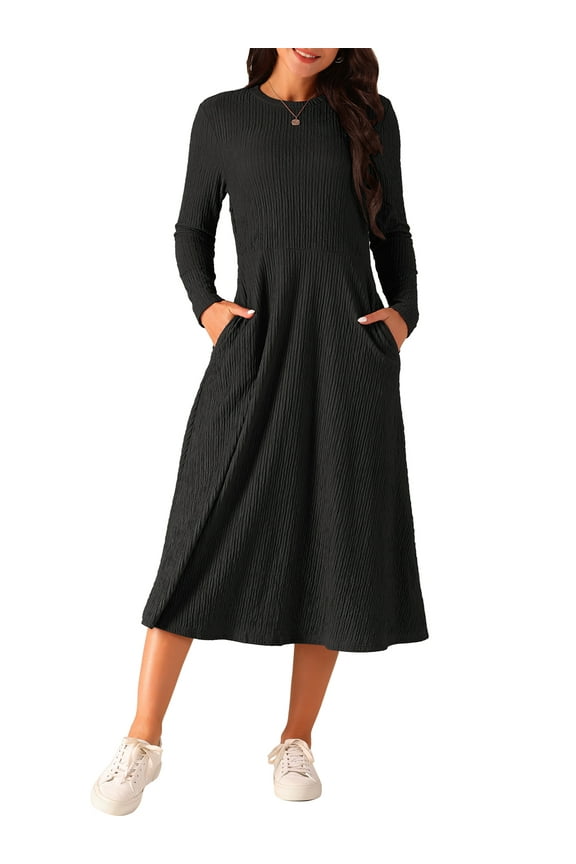 Women's Fall Dresses Long Sleeve Round Neck Knit A-Line Casual Midi Dress M Black