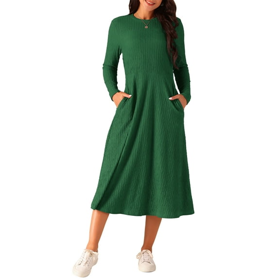 INSPIRE CHIC Women's Fall Dresses Long Sleeve Round Neck Knit A-Line Casual Midi Dress M Dark Green