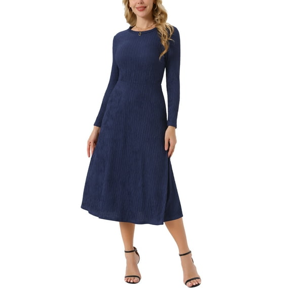 INSPIRE CHIC Women's Fall Dresses Long Sleeve Round Neck Knit A-Line Casual Midi Dress S Dark Blue