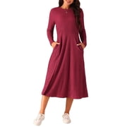 INSPIRE CHIC Women's Fall Dresses Long Sleeve Round Neck Knit A-Line Casual Midi Dress S Wine Red