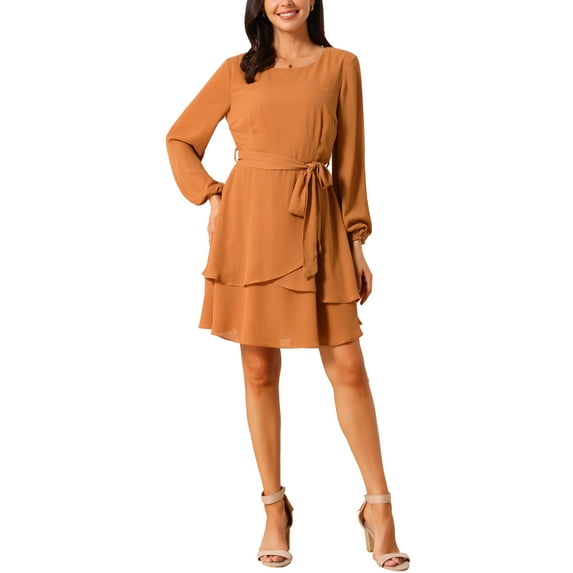 INSPIRE CHIC Women's Fall Dresses Round Neck Long Sleeve Waist Tie Ruffle Mini Swing Skater Dress S Brown