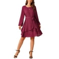 thumbnail image 1 of INSPIRE CHIC Women's Fall Dresses Round Neck Long Sleeve Waist Tie Ruffle Mini Swing Skater Dress S Wine Red, 1 of 5