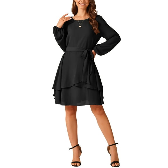 INSPIRE CHIC Women's Fall Dresses Round Neck Long Sleeve Waist Tie Ruffle Mini Swing Skater Dress XL Black