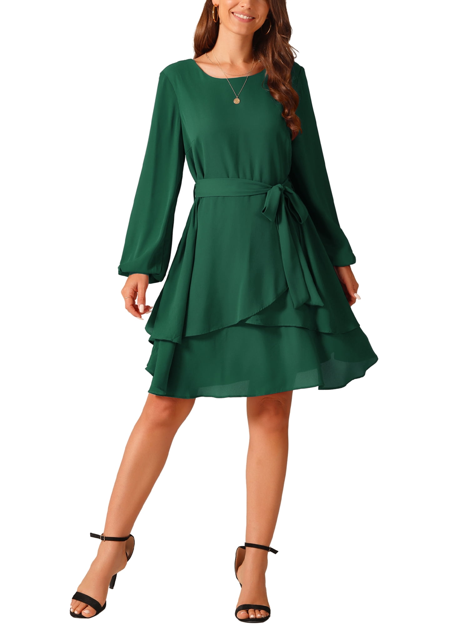 Inspire Chic Women's Fall Dresses Round Neck Long Sleeve Waist Tie Ruffle Mini Swing Skater Dress XL Dark Green