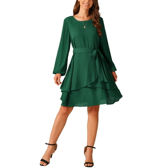 INSPIRE CHIC Women's Fall Dresses Round Neck Long Sleeve Waist Tie Ruffle Mini Swing Skater Dress XL Dark Green