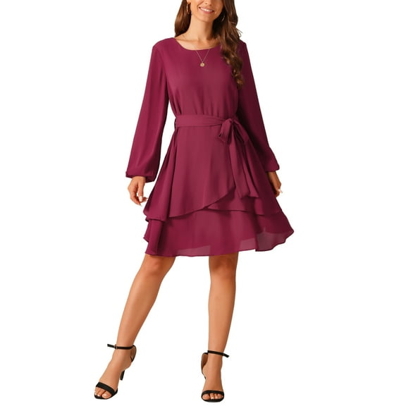 INSPIRE CHIC Women's Fall Dresses Round Neck Long Sleeve Waist Tie Ruffle Mini Swing Skater Dress XL Wine Red