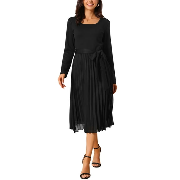 Women's Pleated Dress Crewneck A Line Flowy Casual Long Sleeve Midi Dresses with Belt Fall Outfits S Black