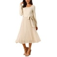 thumbnail image 1 of INSPIRE CHIC Women's Pleated Dress Crewneck A Line Flowy Casual Long Sleeve Midi Dresses with Belt Fall Outfits XL Apricot, 1 of 6