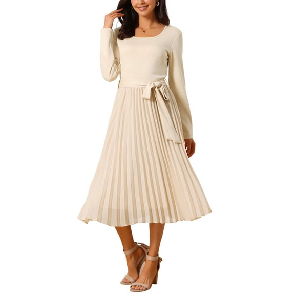 INSPIRE CHIC Women's Pleated Dress Crewneck A Line Flowy Casual Long Sleeve Midi Dresses with Belt Fall Outfits XL Apricot