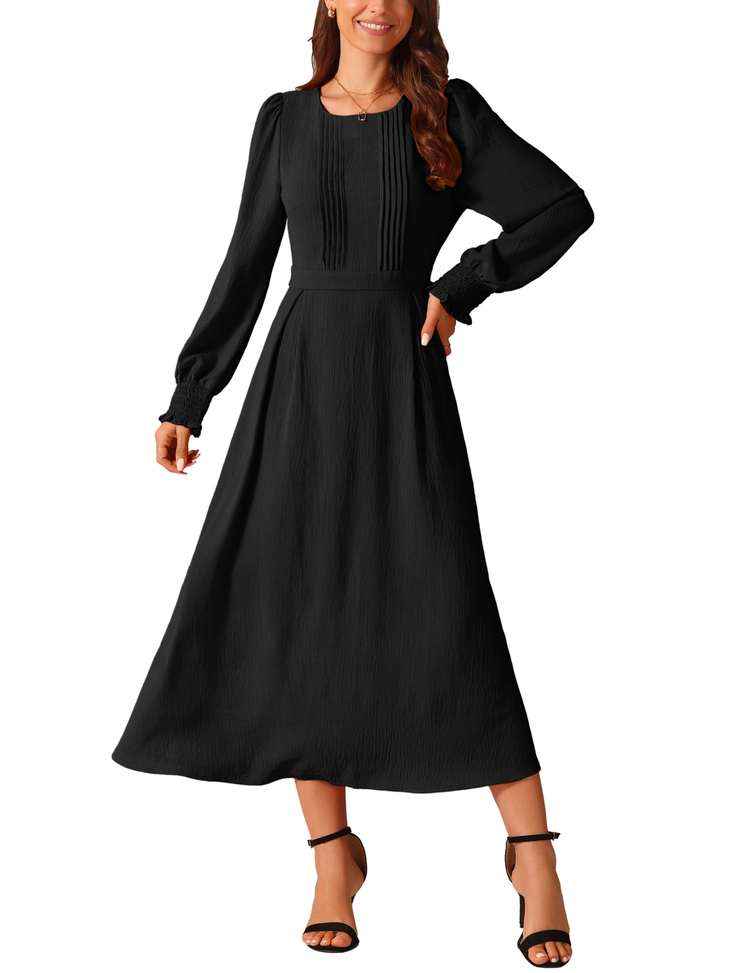 INSPIRE CHIC Women's Dress Crewneck Long Sleeves Frilled A-Line Midi Dresses  with Pockets Black M - Walmart.com