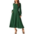 thumbnail image 1 of INSPIRE CHIC Women's Dress Crewneck Long Sleeves Frilled A-Line Midi Dresses with Pockets Dark Green M, 1 of 5