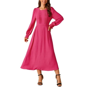 Seta T Women's Fall Midi Dress Frilled Crewneck Long Sleeve A-Line Elegant Flowy Casual Dresses with Pockets S Hot Pink