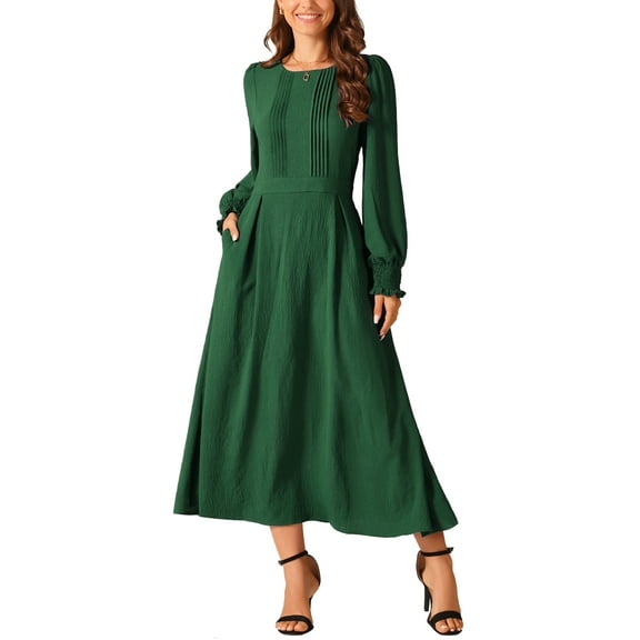 INSPIRE CHIC Women's Dress Crewneck Long Sleeves Frilled A-Line Midi Dresses with Pockets XL Dark Green
