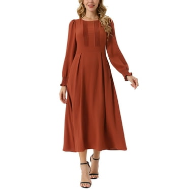 INSPIRE CHIC Women's Fall Dress Frilled Crewneck Long Sleeve A-Line Flowy Midi Dresses with Pockets M Caramel