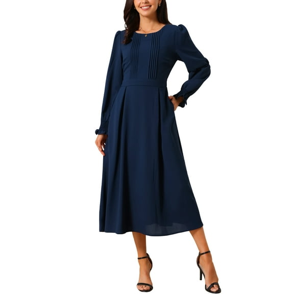 INSPIRE CHIC Women's Dress Crewneck Long Sleeves Frilled A-Line Midi Dresses with Pockets S Dark Blue