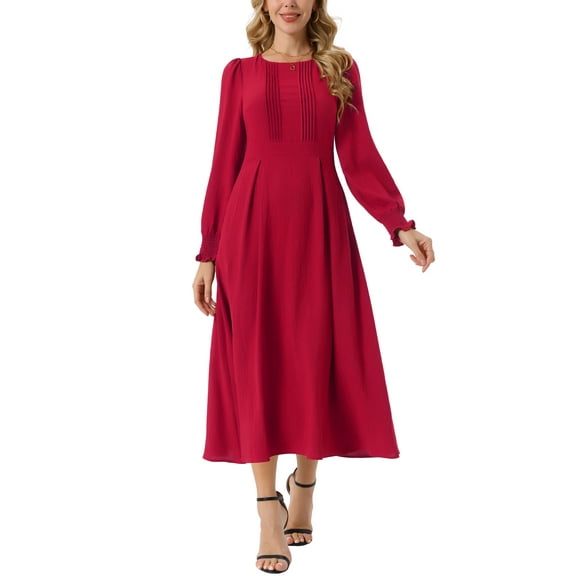 INSPIRE CHIC Women's Dress Crewneck Long Sleeves Frilled A-Line Midi Dresses with Pockets S Red