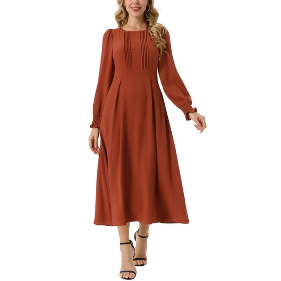 INSPIRE CHIC Women's Dress Crewneck Long Sleeves Frilled A-Line Midi Dresses with Pockets XL Caramel