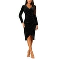 thumbnail image 1 of INSPIRE CHIC Women's Fall Winter Elegant Velvet Long Sleeve Wrap V Neck Ruched Bodycon Cocktail Party Midi Dress, 1 of 6