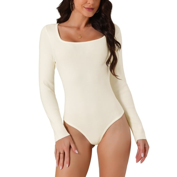 INSPIRE CHIC Women's Fall Winter Square Neck Long Sleeve Sweater Bodysuit Blouse Casual Tops S Beige