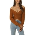 thumbnail image 1 of INSPIRE CHIC Women's Fall Winter Wrap V Neck Long Sleeve Ribbed Knit Crop Sweater Tops M Brown, 1 of 6