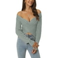 thumbnail image 1 of INSPIRE CHIC Women's Fall Winter Wrap V Neck Long Sleeve Ribbed Knit Crop Sweater Tops L Grey, 1 of 6