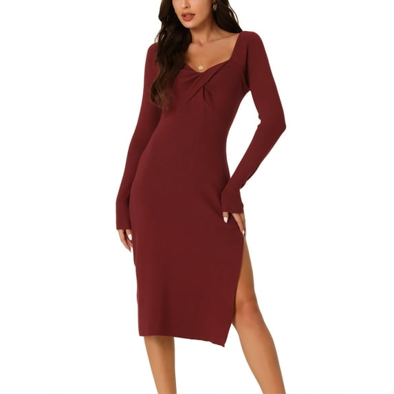 INSPIRE CHIC Women's Fashion Long Sleeve Slim Fit Ribbed Knit Sweater Midi Dresses Wine Red XL