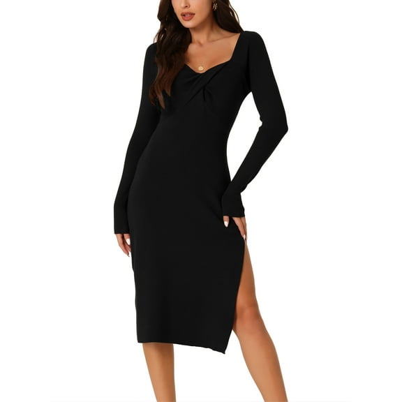 INSPIRE CHIC Women's Fashion Long Sleeve Slim Fit Ribbed Knit Sweater Midi Dresses Black XL