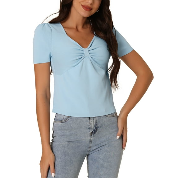 INSPIRE CHIC Women's Fashion Sweetheart Neck Short Puff Sleeves Twisted Front Pullover Sweater M Blue