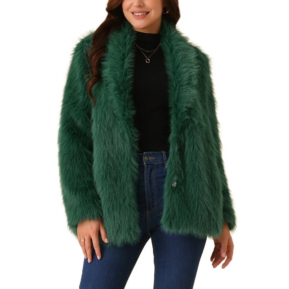 INSPIRE CHIC Women's Faux Fur Coat Long Sleeve Pockets Lapel Shaggy Warm Winter Overcoat Fluffy Jackets M Dark Green