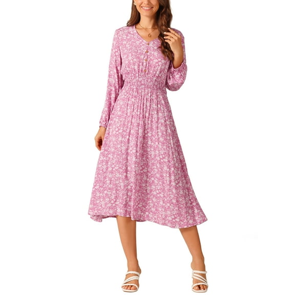 INSPIRE CHIC Women's Fall Dresses Long Sleeve V Neck Floral Boho Flowy Midi Dress XL Pink