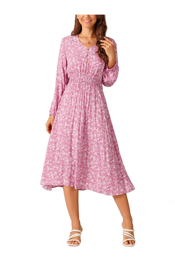 Women's Fall Dresses Long Sleeve V Neck Floral Boho Flowy Midi Dress L Pink