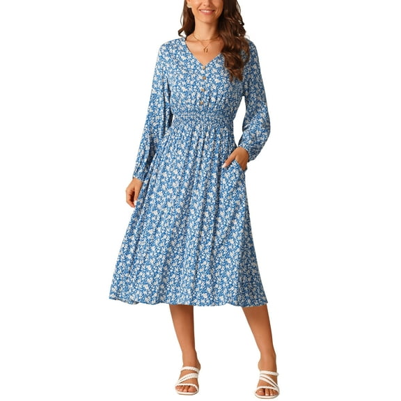 INSPIRE CHIC Women's Fall Dresses Long Sleeve V Neck Floral Boho Flowy Midi Dress S Blue