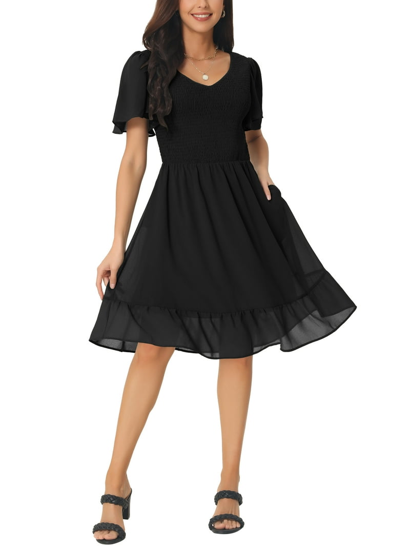 INSPIRE CHIC Women's Midi Flowy Chiffon Dresses Summer Smocked V