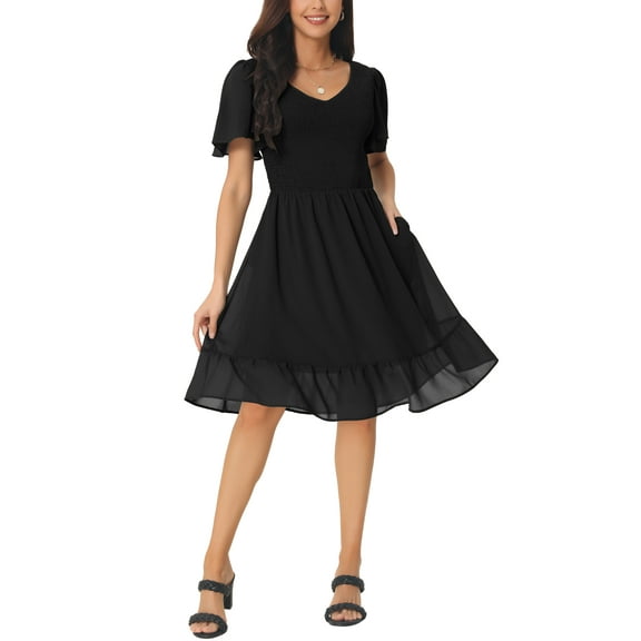 INSPIRE CHIC Women's Midi Flowy Chiffon Dresses Summer Smocked V Neck Flutter Short Sleeve Ruffle Casual Mini Dress Black M