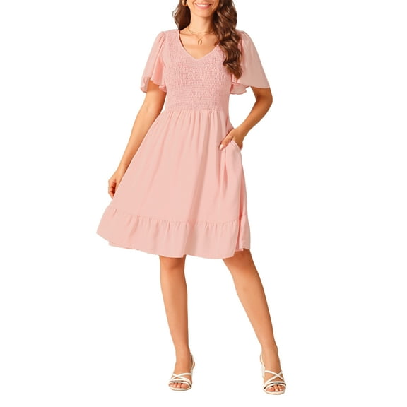 INSPIRE CHIC Women's Flowy Chiffon Dresses Summer Smocked V Neck Flutter Short Sleeve Ruffle Casual Mini Dress Pink L