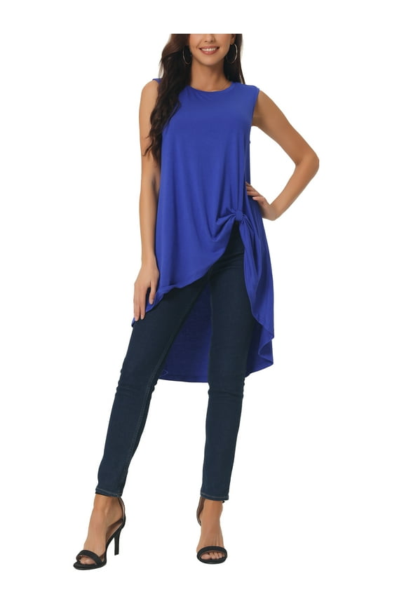 Women's High Low Hem Sleeveless Tunic Top Crewneck Dressy Casual Shirts