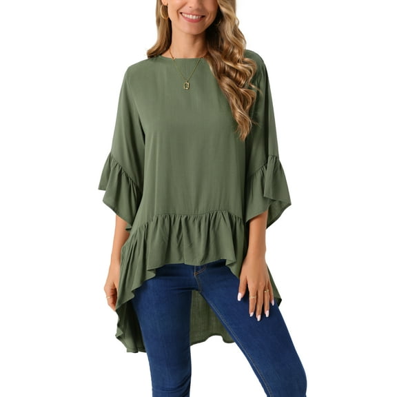 INSPIRE CHIC Women's High Low Tops 3/4 Bell Sleeve Round Neck Keyhole Back Casual Ruffle Hem Asymmetrical Blouse L Army Green