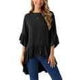 thumbnail image 1 of INSPIRE CHIC Women's High Low Tops 3/4 Bell Sleeve Round Neck Keyhole Back Casual Ruffle Hem Asymmetrical Blouse L Blacks, 1 of 5