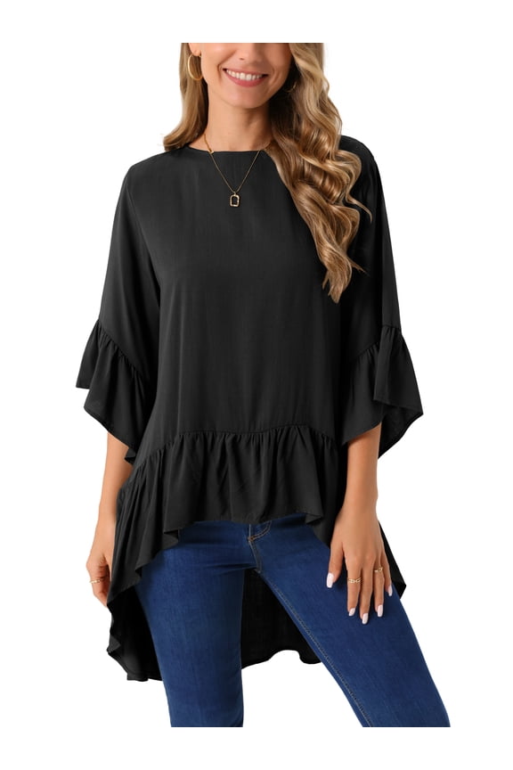 Women's High Low Tops 3/4 Bell Sleeve Round Neck Keyhole Back Casual Ruffle Hem Asymmetrical Blouse L Blacks