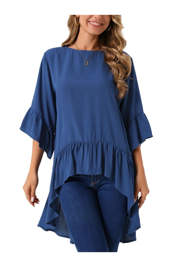 Women's High Low Tops 3/4 Bell Sleeve Round Neck Keyhole Back Casual Ruffle Hem Asymmetrical Blouse S Dark Blue