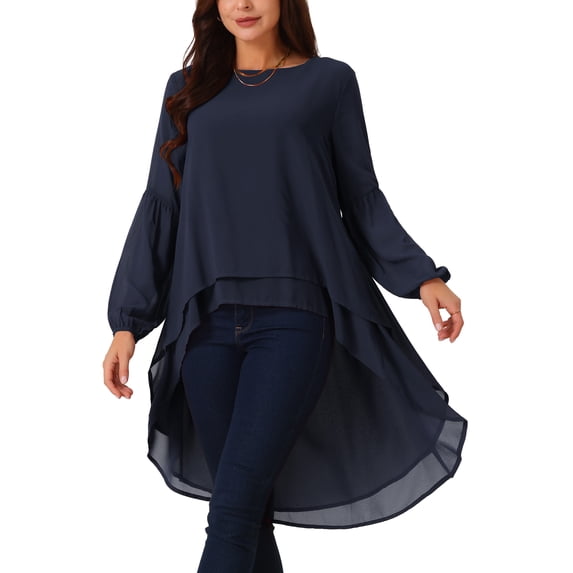 Women's High Low Tops Lantern Long Sleeve Round Neck Dressy Casual Chiffon Asymmetrical Tops Blouse M Dark Blue