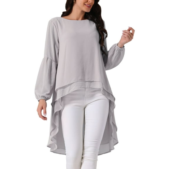Women's High Low Tops Lantern Long Sleeve Round Neck Dressy Casual Chiffon Asymmetrical Tops Blouse M Grey