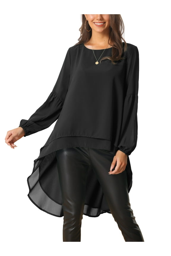 Women's High Low Tops Lantern Long Sleeve Round Neck Dressy Casual Chiffon Asymmetrical Tops Blouse S Black