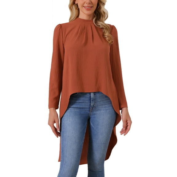 Women's High Low Tops Long Sleeve Back Keyhole Round Neck Asymmetrical Hem Tops Dressy Casual Blouse L Brick Red