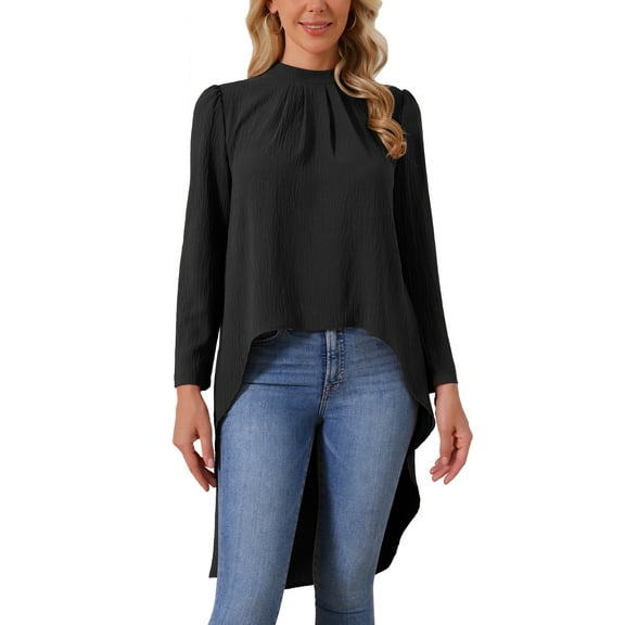 Women's High Low Tops Long Sleeve Back Keyhole Round Neck Asymmetrical Hem Tops Dressy Casual Blouse XL Black