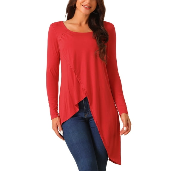 INSPIRE CHIC Women's High Low Tops Long Sleeve Irregular Hem Casual Blouse Tops Red XL
