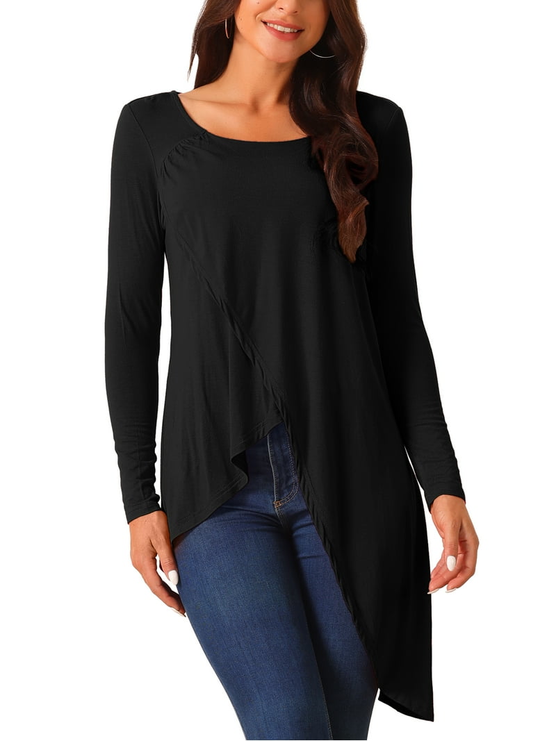 INSPIRE CHIC Women's High Low Tops Long Sleeve Irregular Hem Casual Blouse  Tops Black S - Walmart.com, image size:800x1067