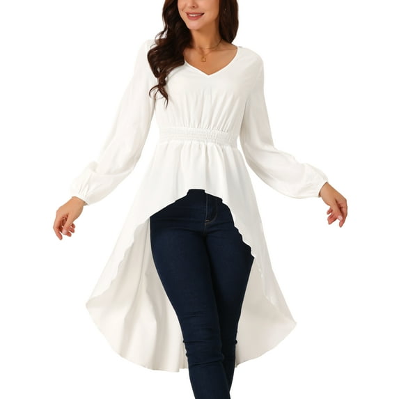 INSPIRE CHIC Women's High Low Tops Long Sleeve V Neck Elastic Waist Asymmetrical Irregular Hem Casual Tops Blouse