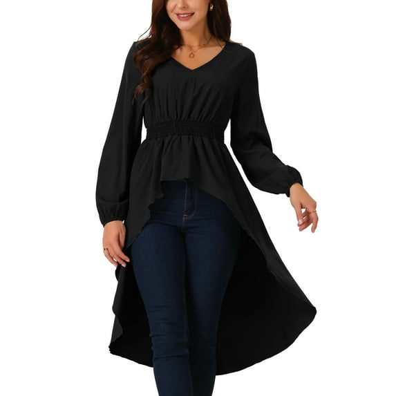 INSPIRE CHIC Women's High Low Tops Long Sleeve V Neck Elastic Waist Asymmetrical Irregular Hem Casual Tops Blouse