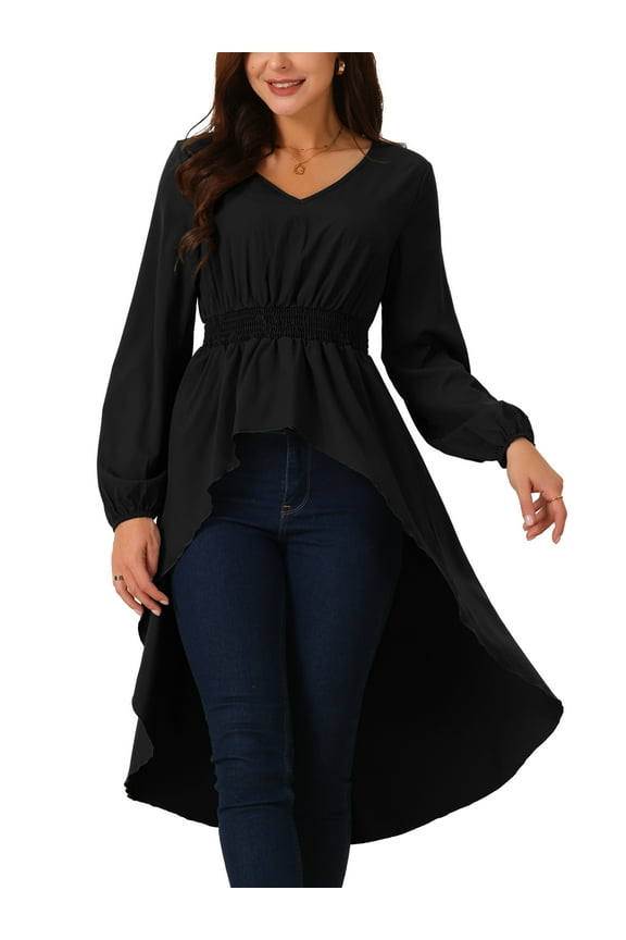 Women's High Low Tops Long Sleeve V Neck Elastic Waist Asymmetrical Irregular Hem Casual Tops Blouse